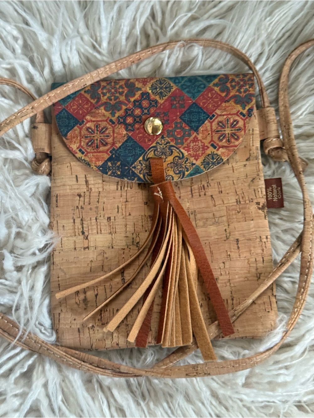 Cork Crossbody Bag with Patterned Flap and Tassel